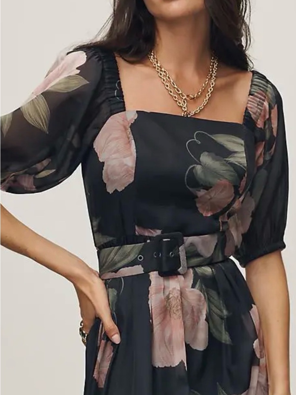 Anthropologie Black Midi Dress with Pink Floral Print xxsp